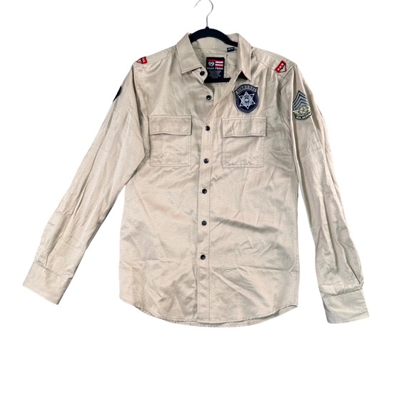 VTG Y2K Phat Farm Mens Tan Military Patch Button Up Shirt Airborne Long Sleeve M - Picture 2 of 8
